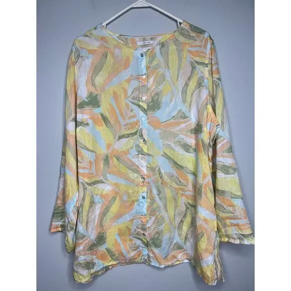 Rachel Zoe 100% Linen Tunic Shirt Button Up Pastel Floral Roll Tab Plus Size 1X - Picture 2 of 8